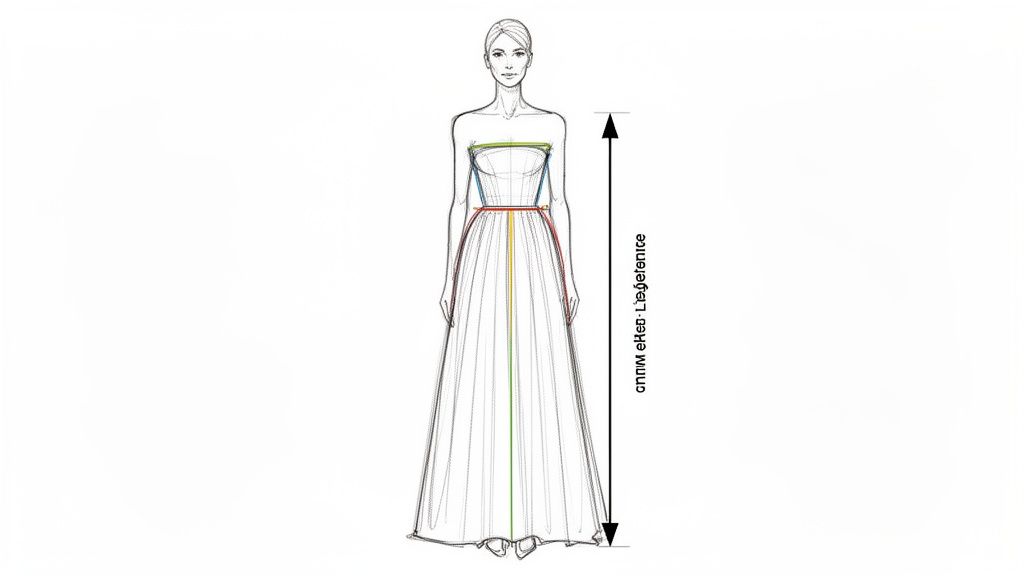 Detailed sketch of a strapless gown with various body measurements indicated by colored lines.
