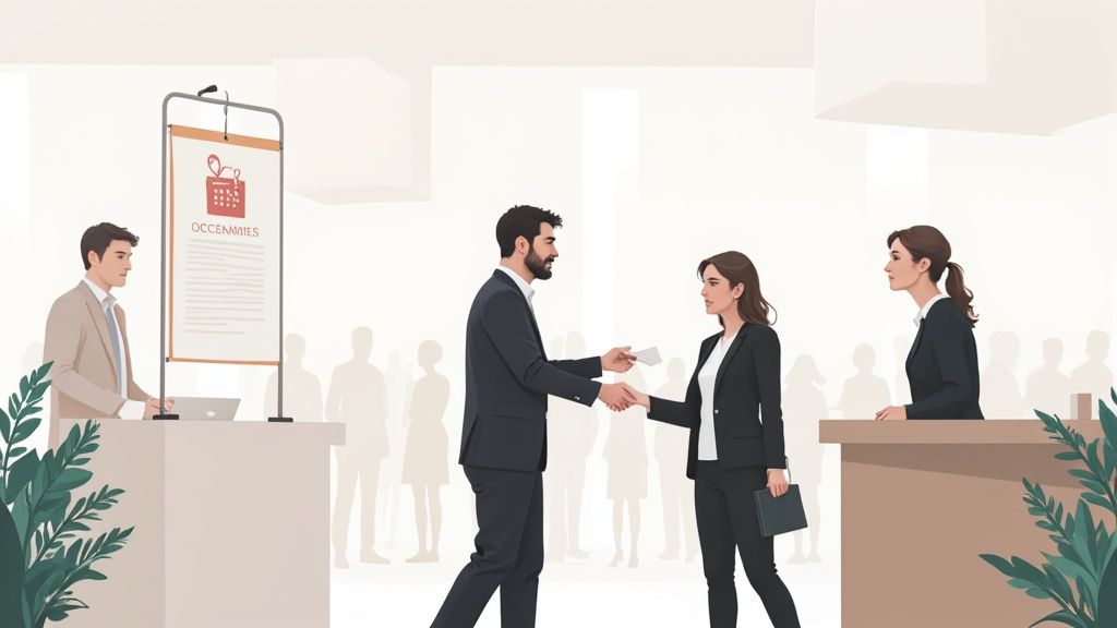 Professionals shake hands at a business networking event with a speaker and registration desk.