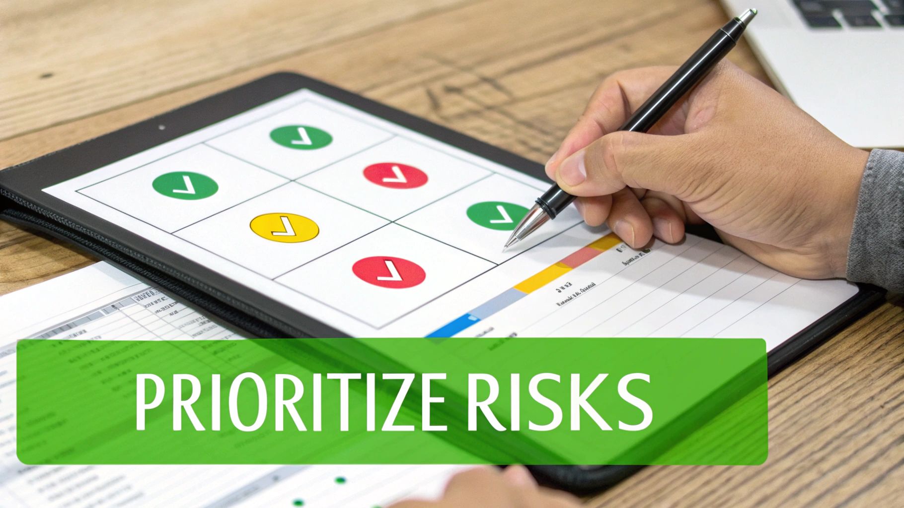 A person's hand points at a tablet showing a risk prioritization matrix with green, yellow, and red checkmarks, emphasizing risk assessment.
