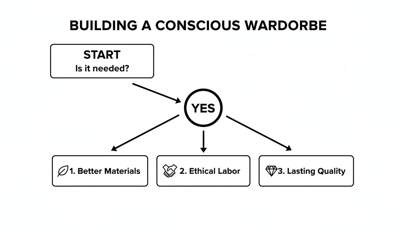 Diagram outlining steps for building a conscious wardrobe: ask 'Is it needed?', then prioritize better materials, ethical labor, and lasting quality.