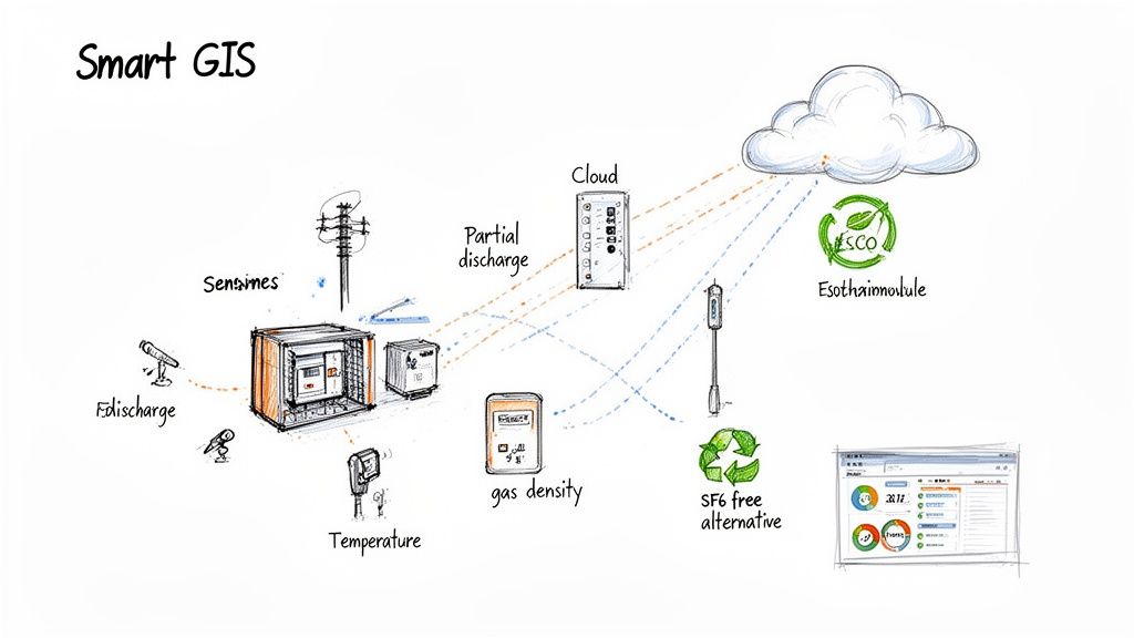 Diagram illustrating a Smart Gas Insulated Switchgear (GIS) system with sensors, cloud monitoring, and environmental features.