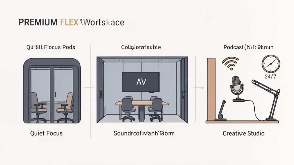 Illustration of a premium flexible workspace featuring quiet focus pods, a collaborative meeting room, and a creative podcast studio.