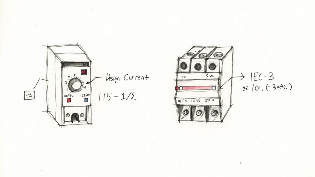 A hand-drawn sketch depicting two electrical control devices, an overload relay and a motor starter, with labels.