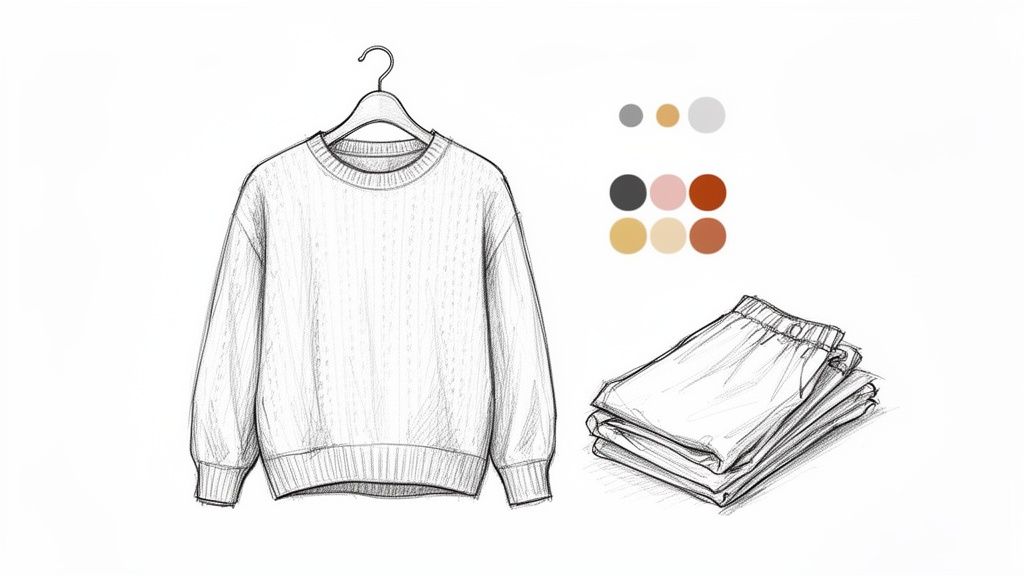 A black and white sketch featuring a knitted sweater on a hanger, folded pants, and a color palette.