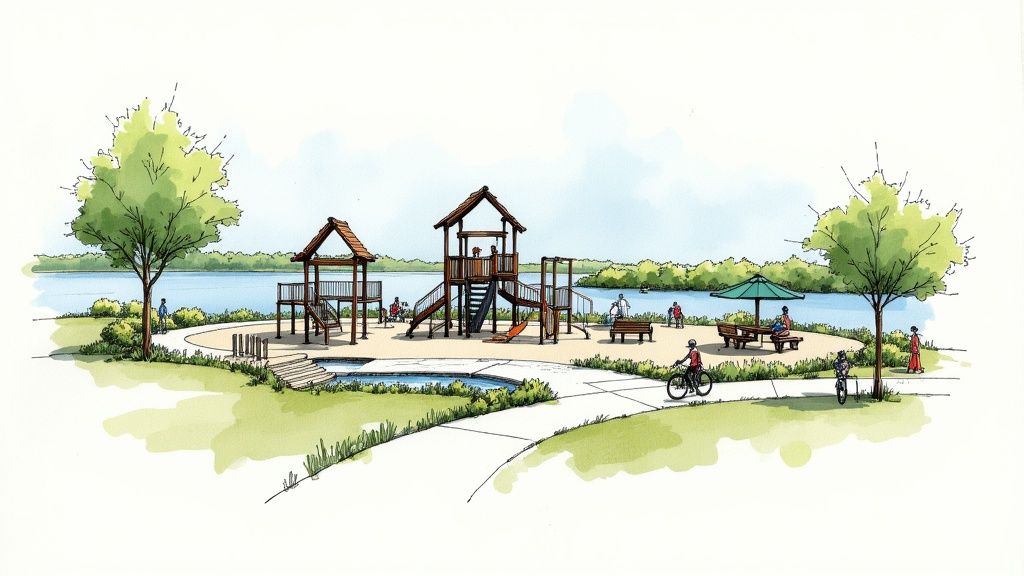 A colorful illustration of a lakeside park with a playground, people, and a walking path.