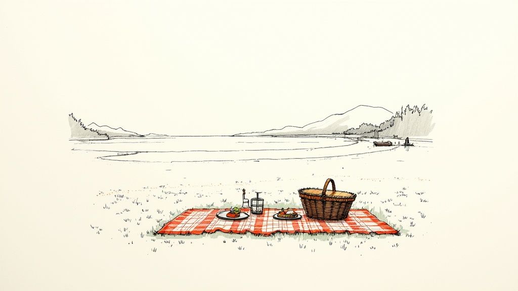 Romantic picnic blanket with basket and wine beside scenic lakeside view illustration