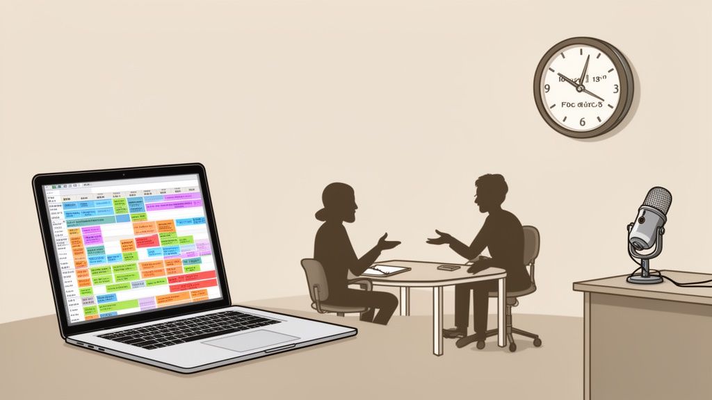 A laptop showing a detailed schedule, two people conversing, and a microphone setup.