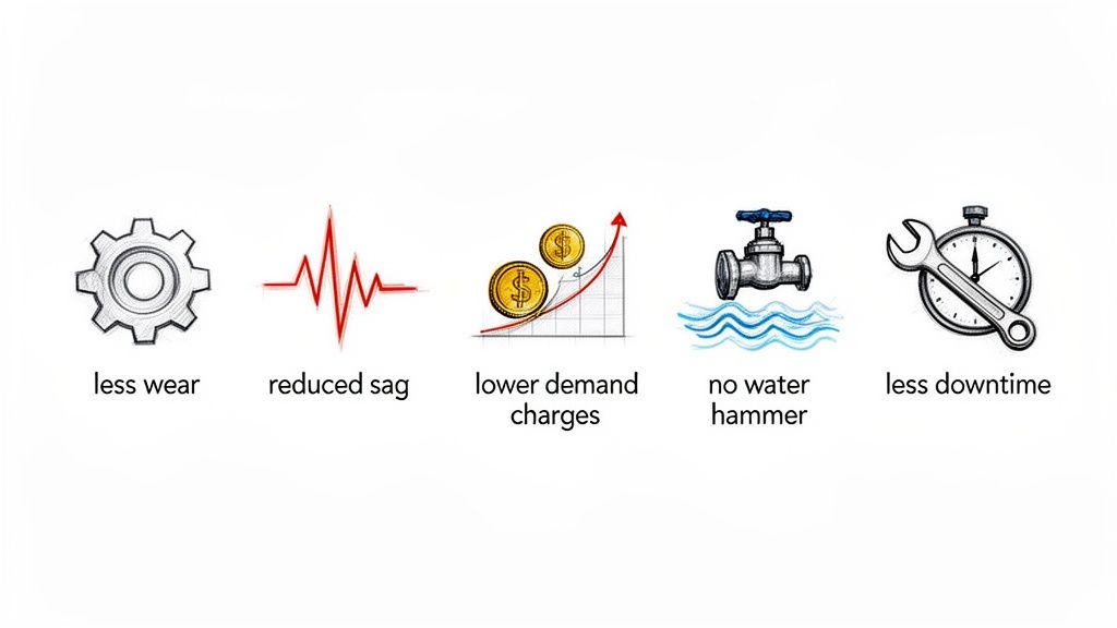 Illustrations show five benefits: less wear, reduced sag, lower demand charges, no water hammer, and less downtime.