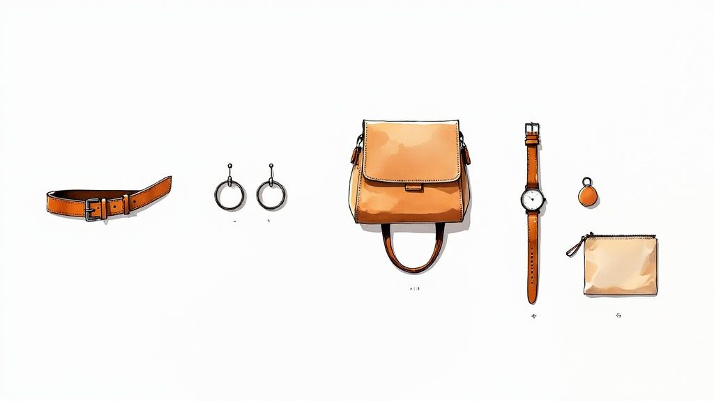 A curated collection of women's accessories including a leather belt, a handbag, and classic hoop earrings, neatly arranged on a flat surface.