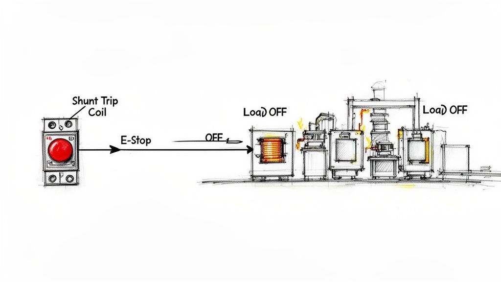 Electrical diagram: E-stop button with shunt trip coil deactivating multiple industrial loads.