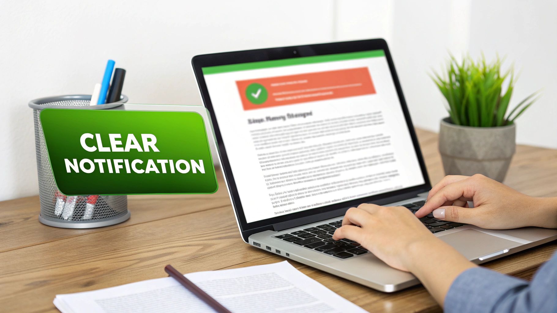 Hands typing on a laptop displaying a successful notification, next to a 'Clear Notification' sign.