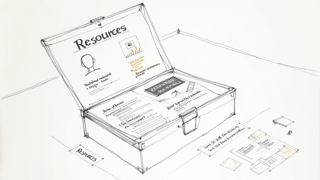 A hand-drawn illustration of an open briefcase labeled 'Resources' filled with documents and papers.