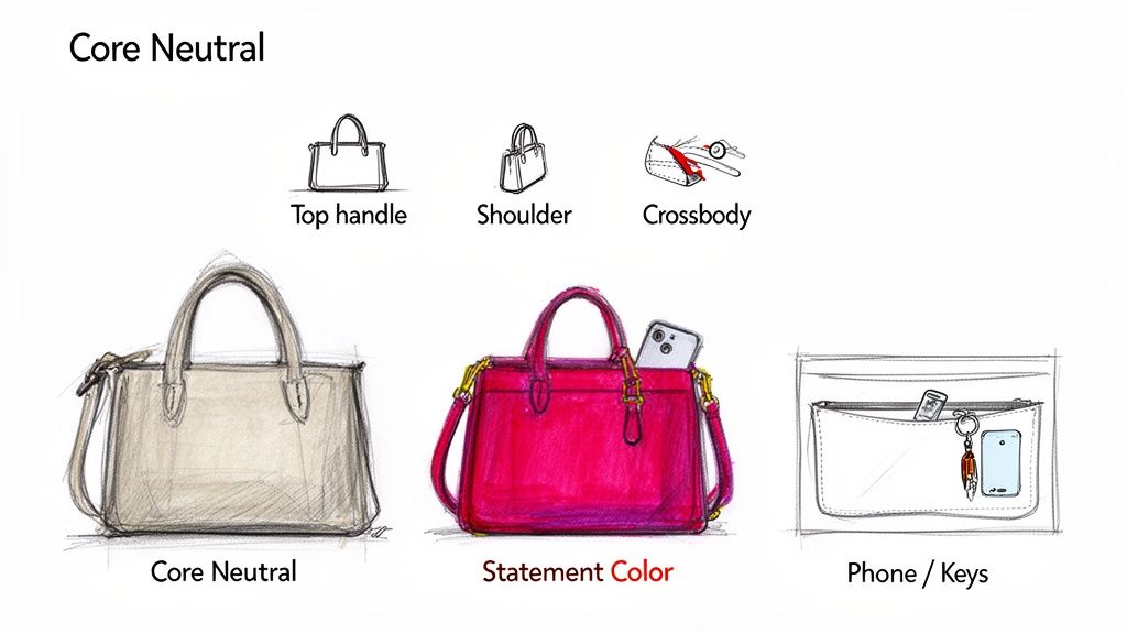 Guide to different handbag types and their features, showing carrying styles and interior organization.