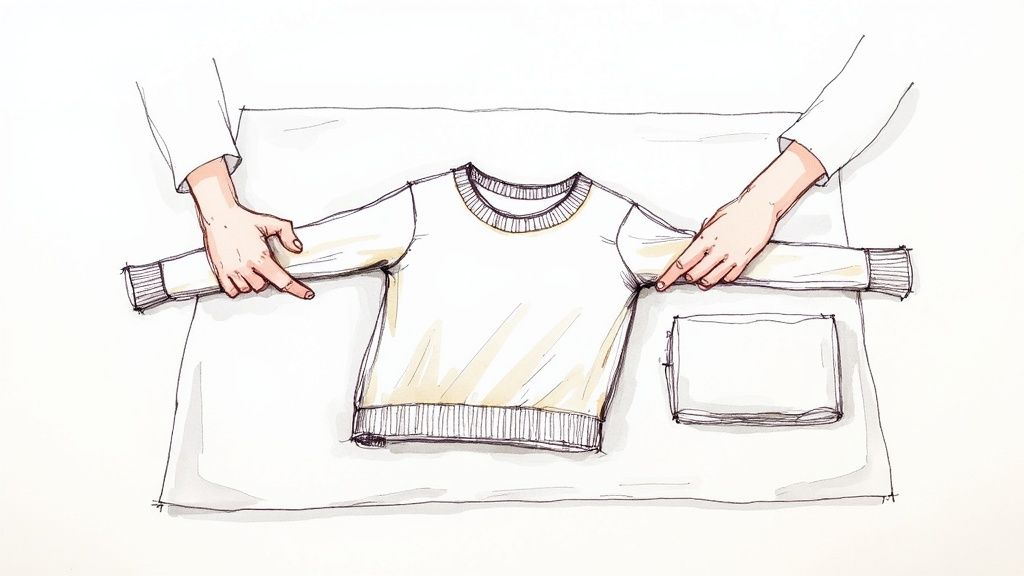 A person reshaping a cashmere sweater as it lays flat on a towel to dry.