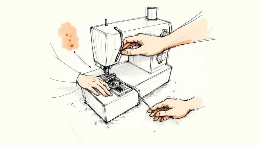 A detailed sketch shows hands repairing a sewing machine, highlighting threading and belt work.