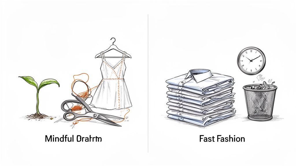 Two panels show mindful fashion with a plant and crafting tools, contrasting fast fashion with stacked shirts and a trash can.