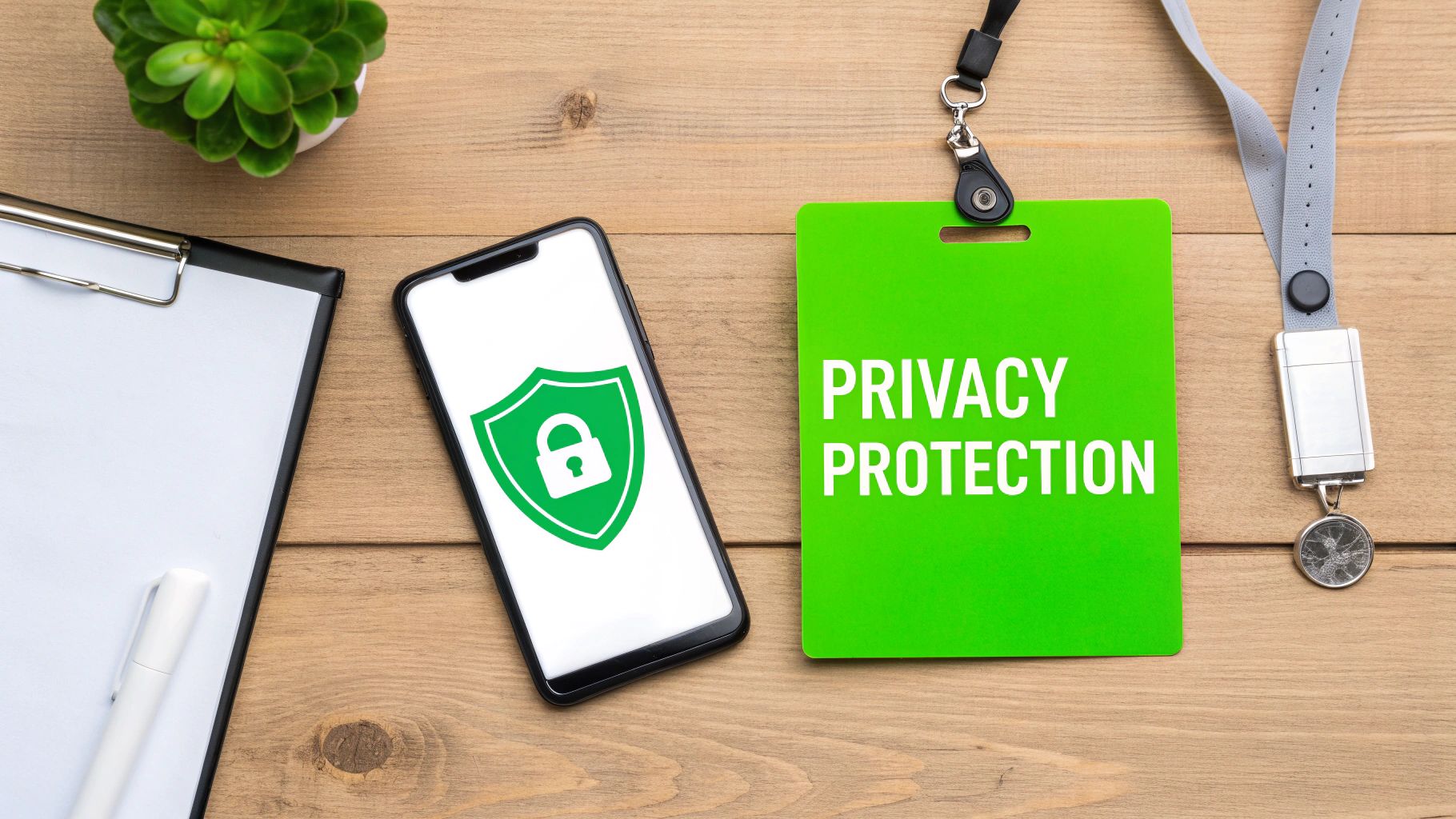 A top-down view of a wooden desk with a phone showing a privacy shield icon and a 'PRIVACY PROTECTION' badge.
