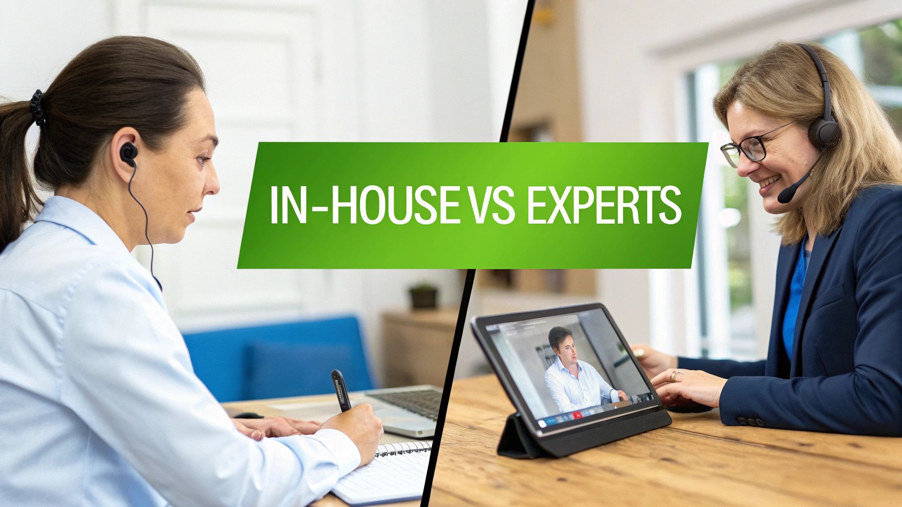 Two women comparing in-house solutions vs. experts, one writing notes and one on a video call.