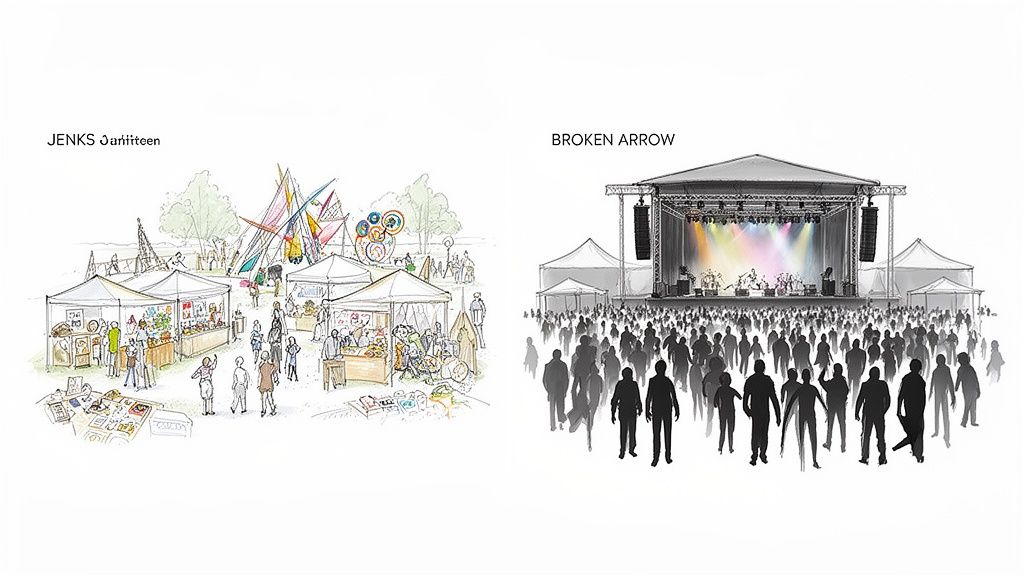Illustration contrasting two event types: a daytime outdoor market with stalls and a night concert stage with a band and crowd.