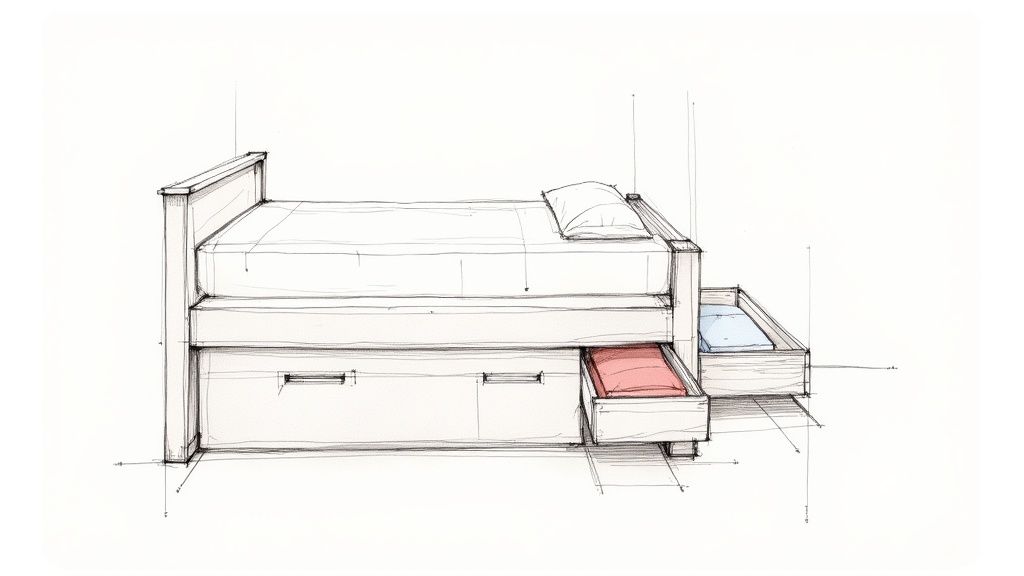 A well-organized dorm room with a loft bed, desk, and storage solutions.