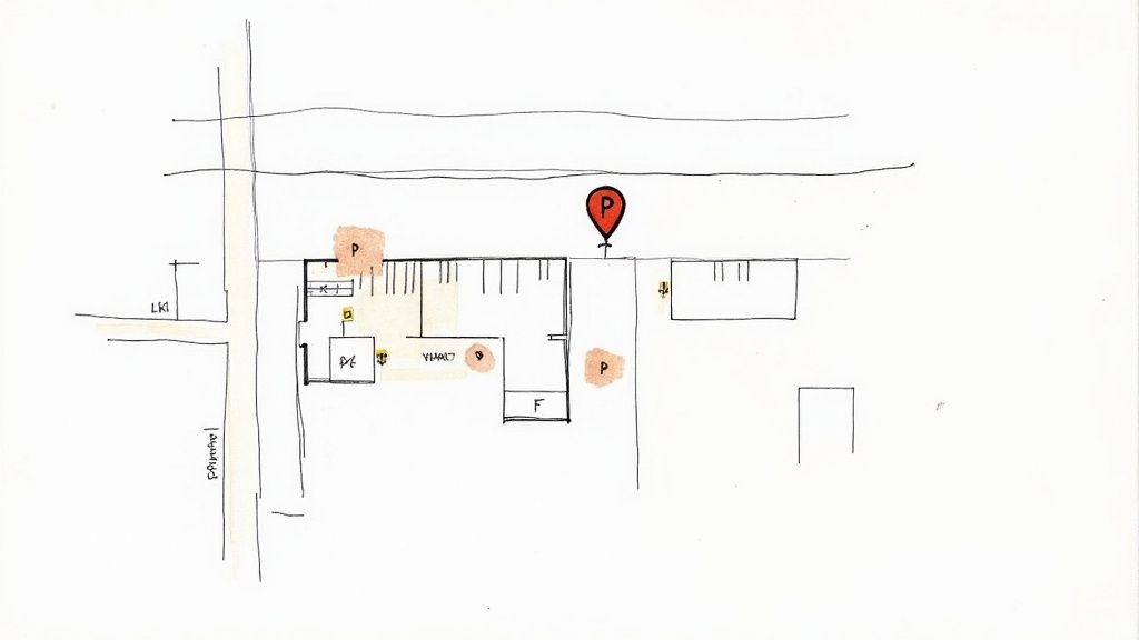Sketch map detailing a local market layout with designated parking spots and key areas.
