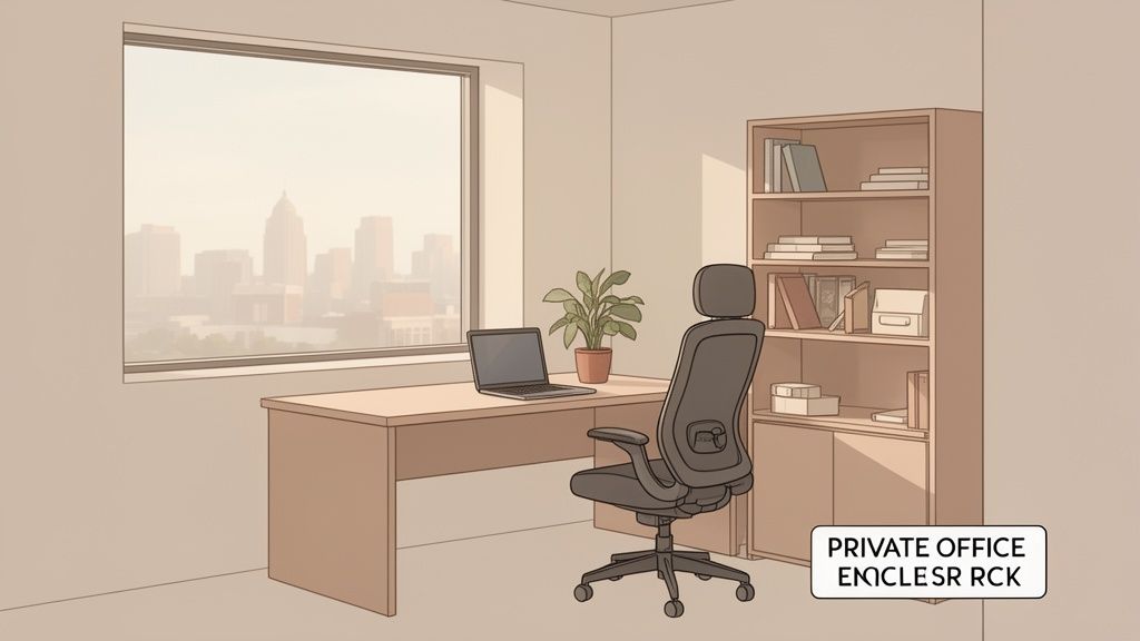 A modern private office with a desk, laptop, ergonomic chair, bookshelf, and city view.