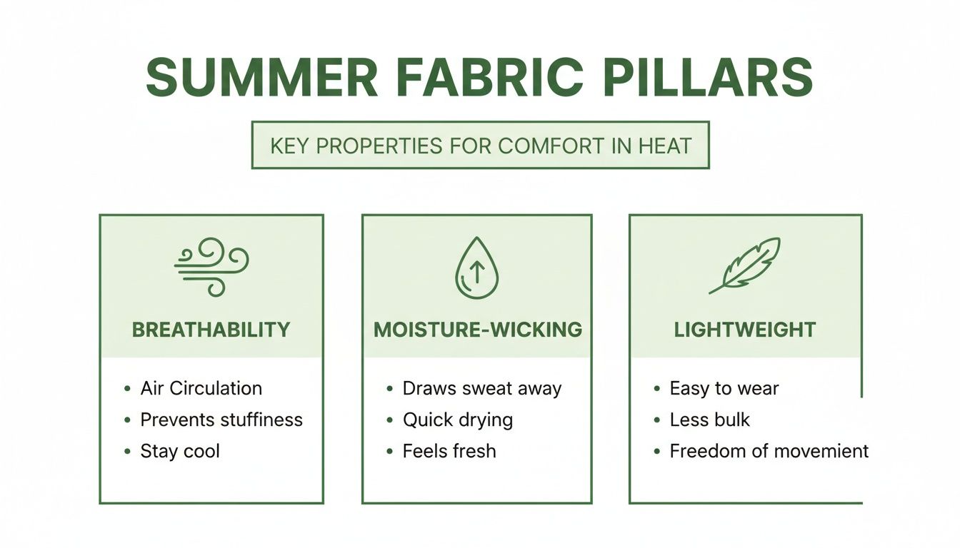 An infographic detailing three key properties of summer fabrics: breathability, moisture-wicking, and lightweight for comfort.