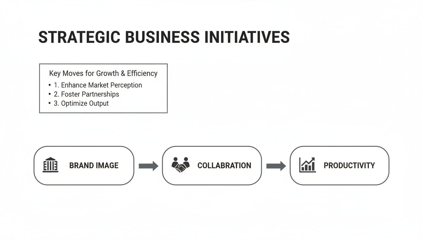 Flowchart illustrating strategic business initiatives: brand image, collaboration, and productivity, with key growth moves.