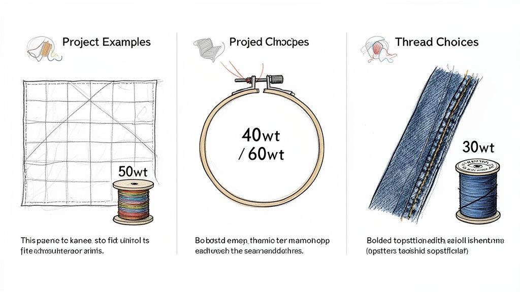 A chart illustrating different thread weights (50wt, 40wt, 60wt, 30wt) for various sewing and embroidery projects.