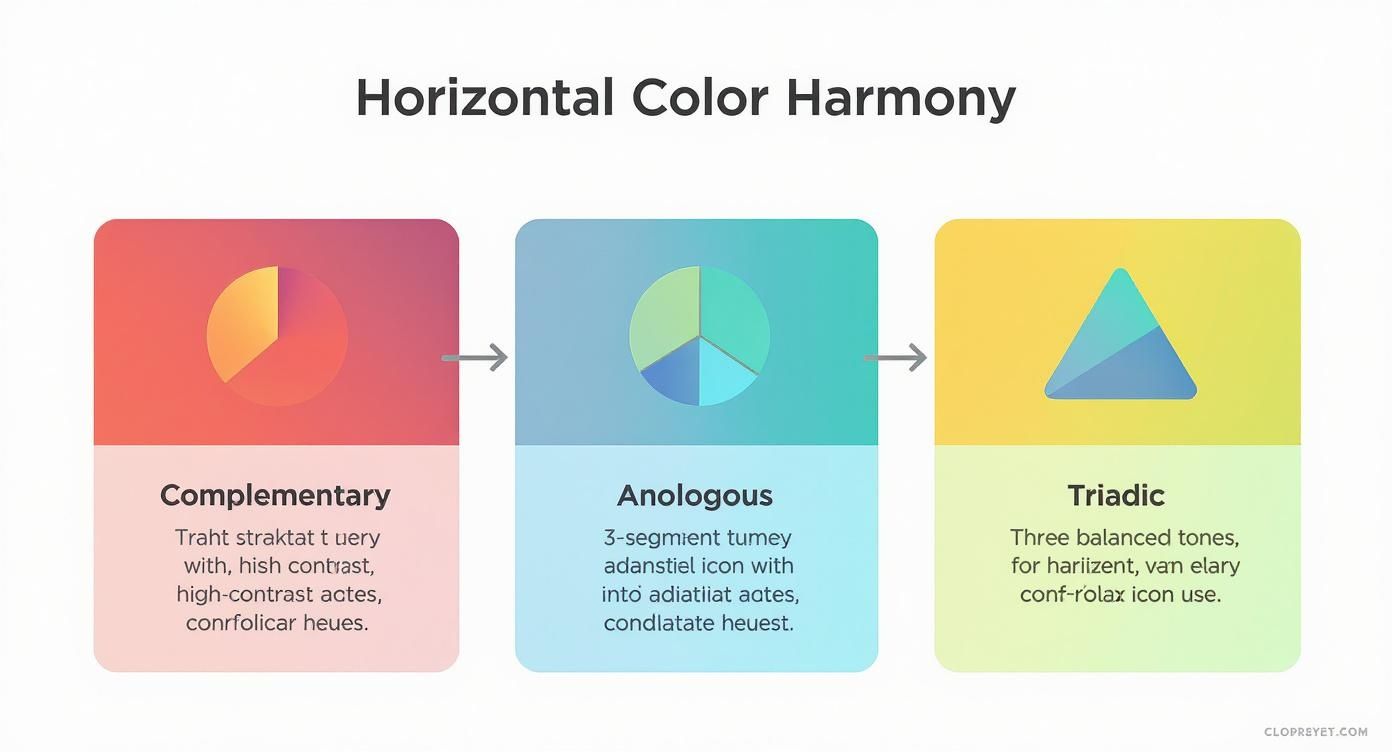 An infographic showing three color harmony types: Complementary, Analogous, and Triadic, with example illustrations.