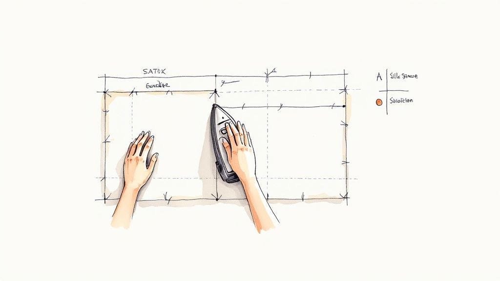 Hands ironing a piece of fabric on a grid, preparing it for sewing with measurement lines.