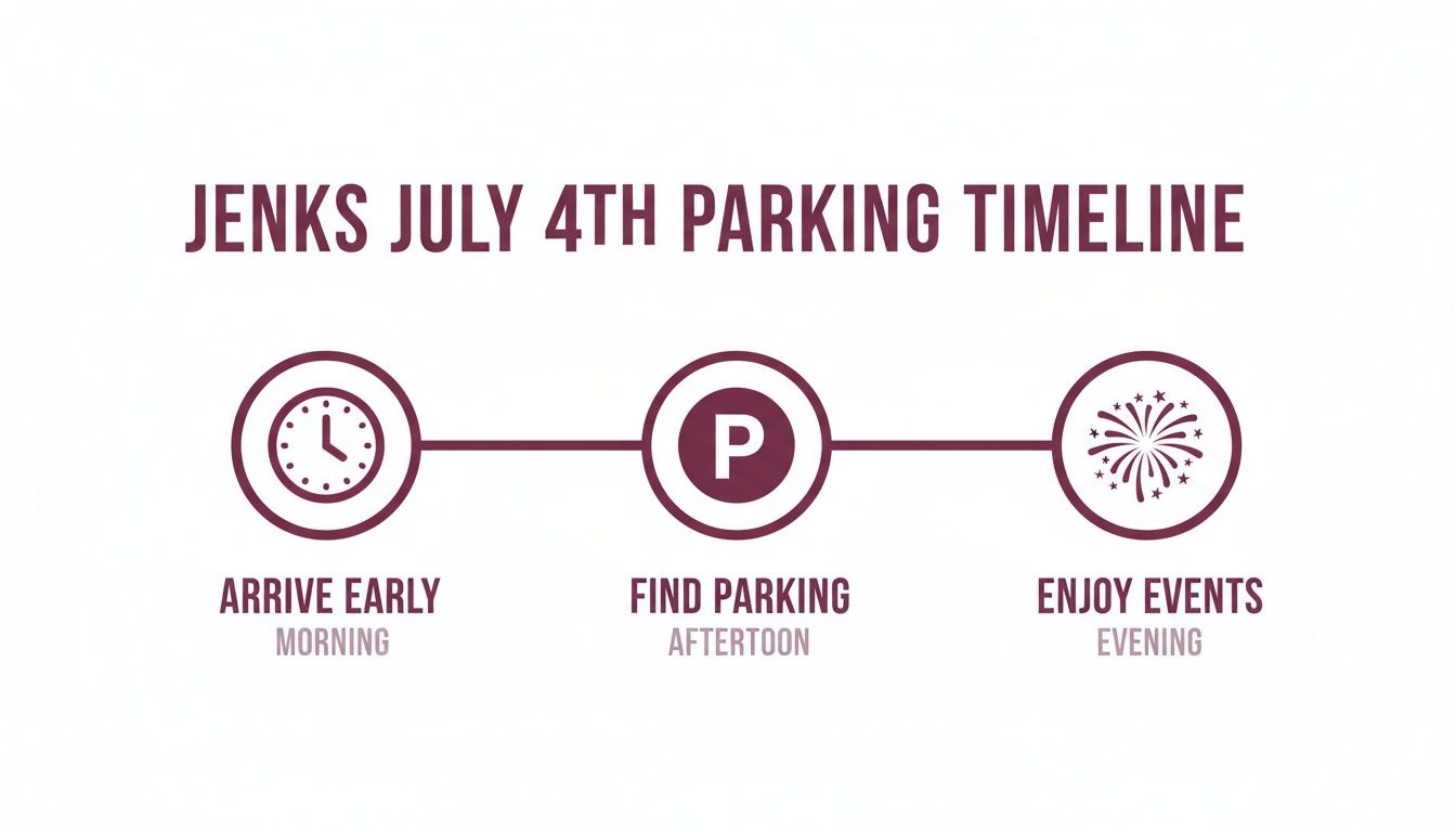 Jenks July 4th parking timeline showing steps: arrive early, find parking, enjoy events.
