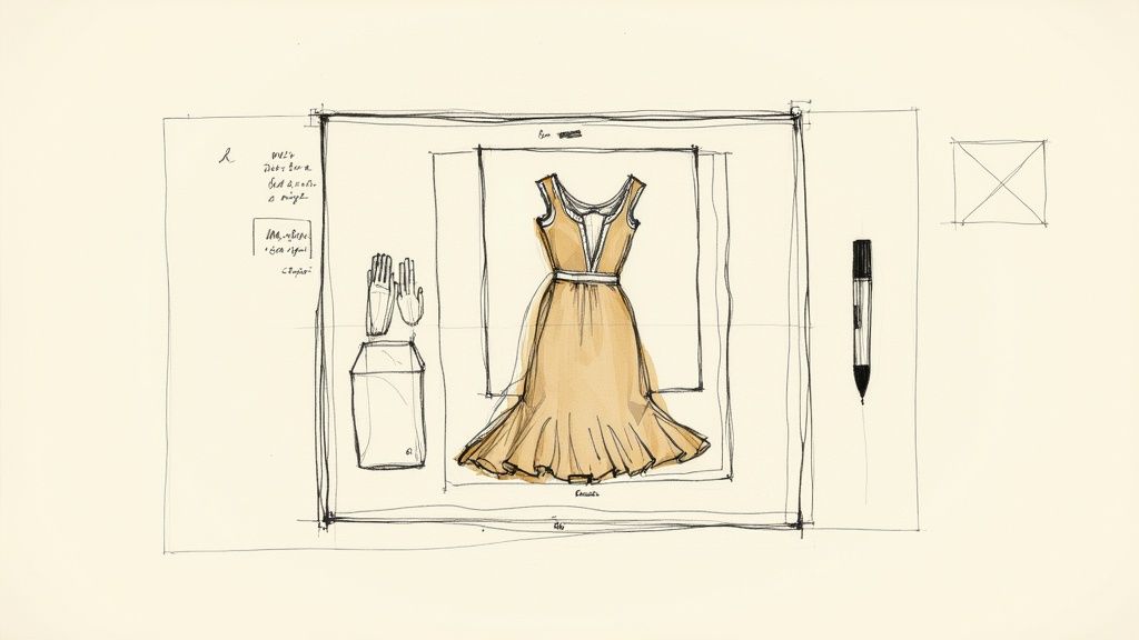 A design sketch featuring a light brown flapper dress, gloves, and a pen on an off-white background.