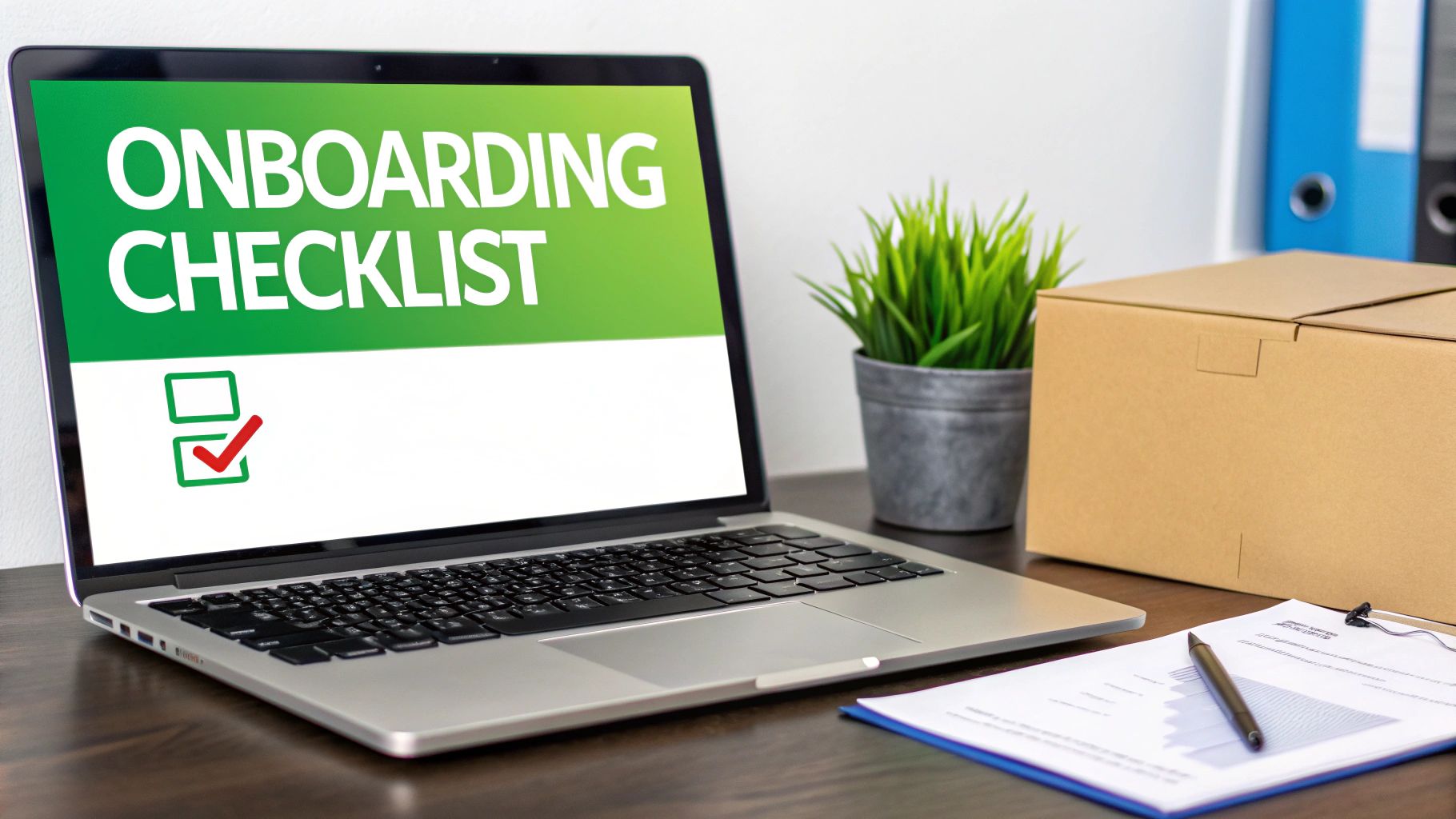 A laptop displaying an 'ONBOARDING CHECKLIST' with checkboxes on a desk alongside a plant, box, and documents.