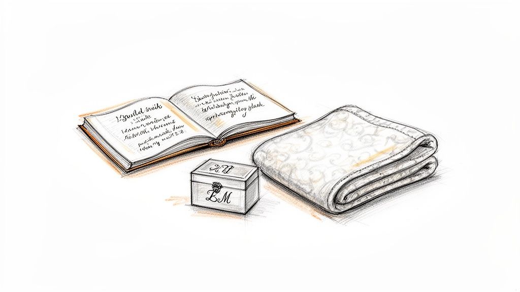 A hand-drawn illustration of an open book, a personalized box, and a folded patterned blanket.