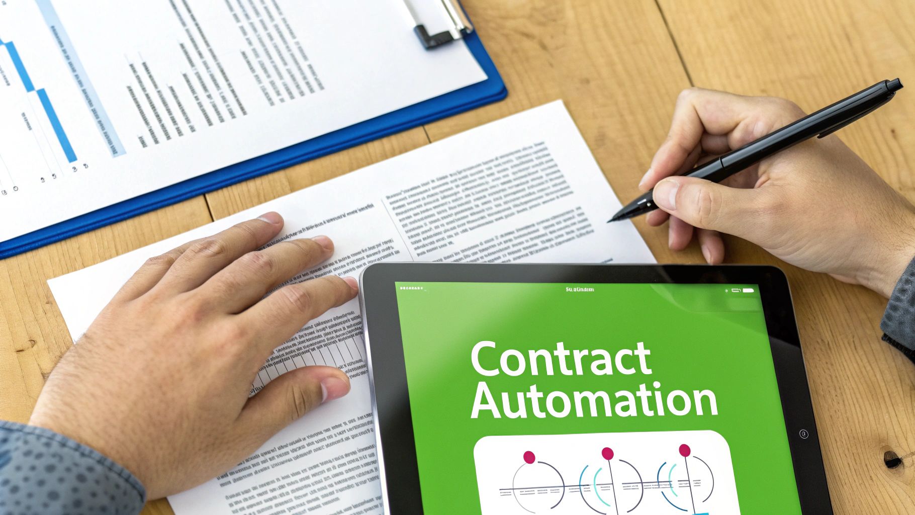 A person's hands writing on a contract document, with a tablet displaying 'Contract Automation'.