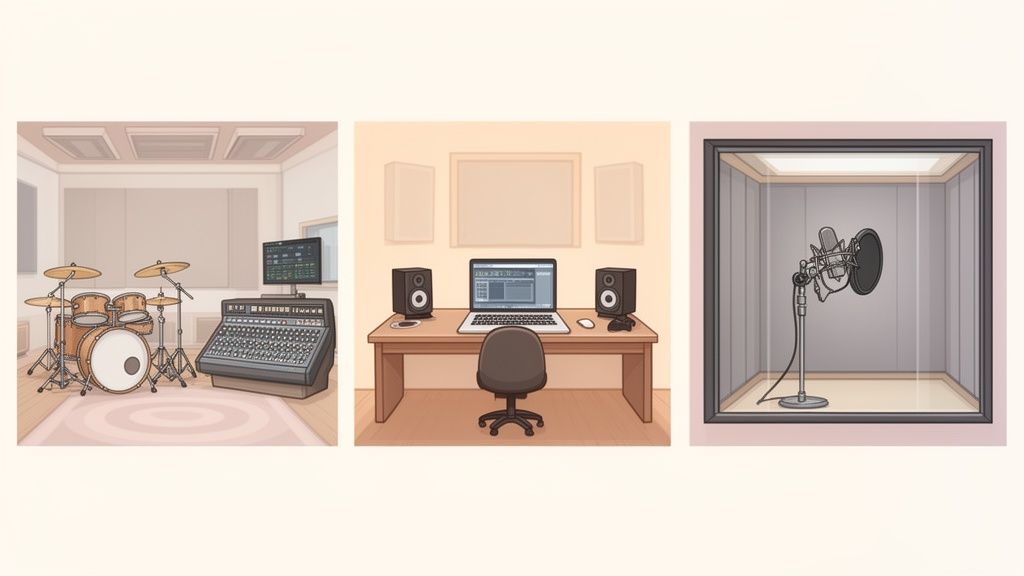 A photograph of a professional music recording studio control room, showing a large mixing console, studio monitors, and outboard gear.