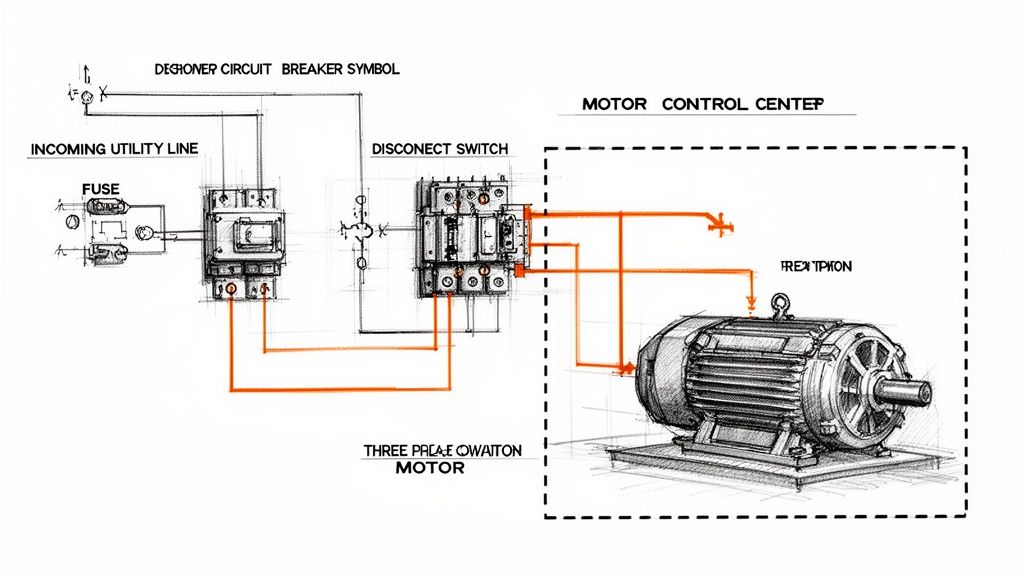 Detailed electrical diagram illustrating an incoming utility line, fuse, disconnect switch, and a three-phase motor.