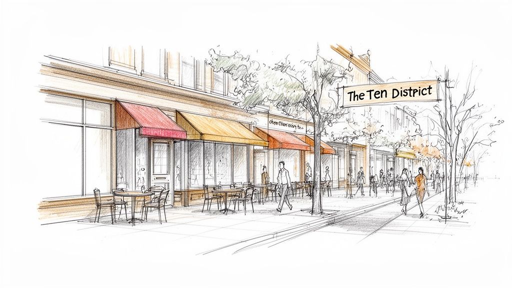 Detailed sketch of a bustling street scene with shops, awnings, outdoor cafes, and pedestrians.