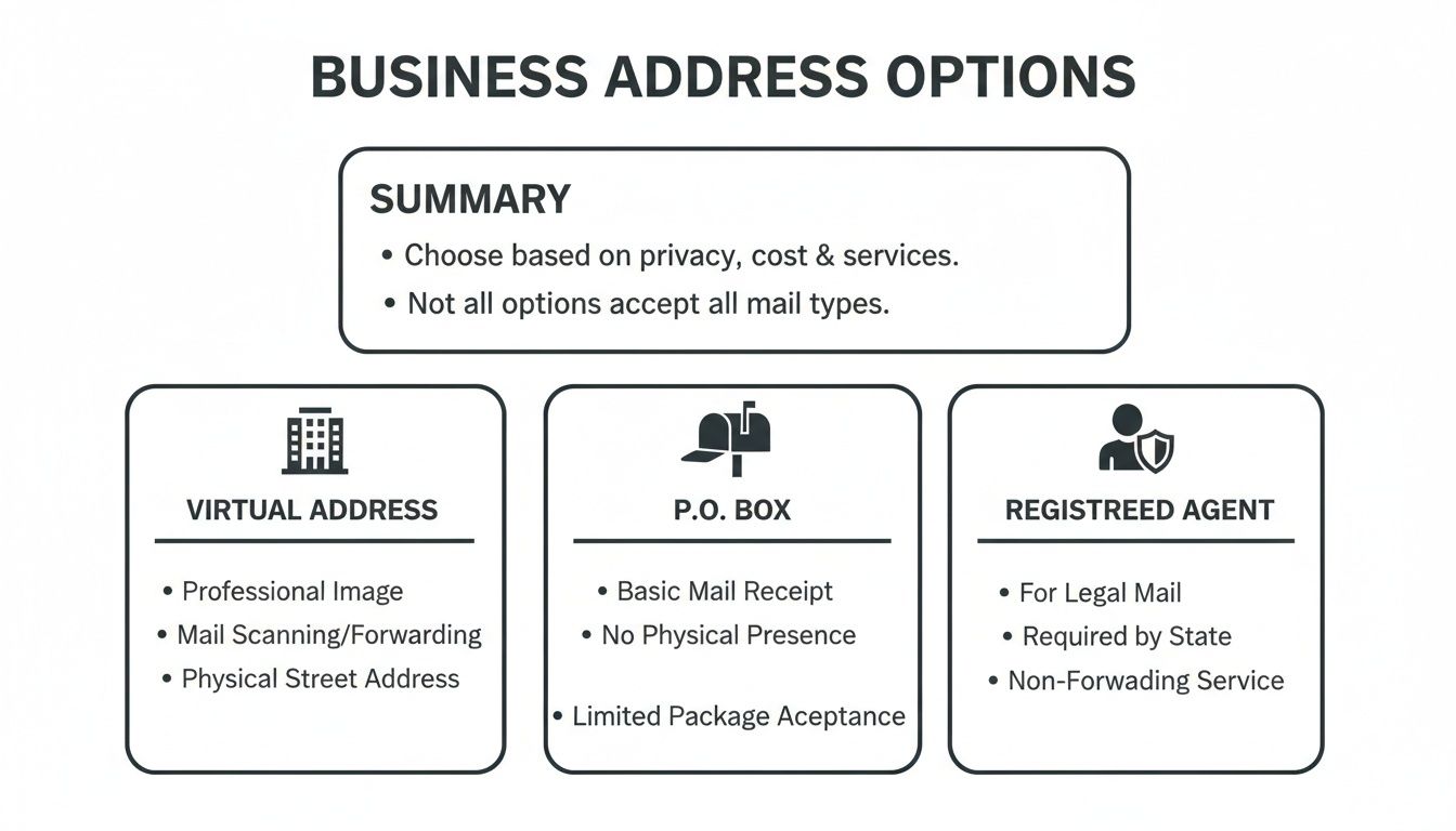 Business address options infographic showing features of virtual, P.O. box, and registered agent services.