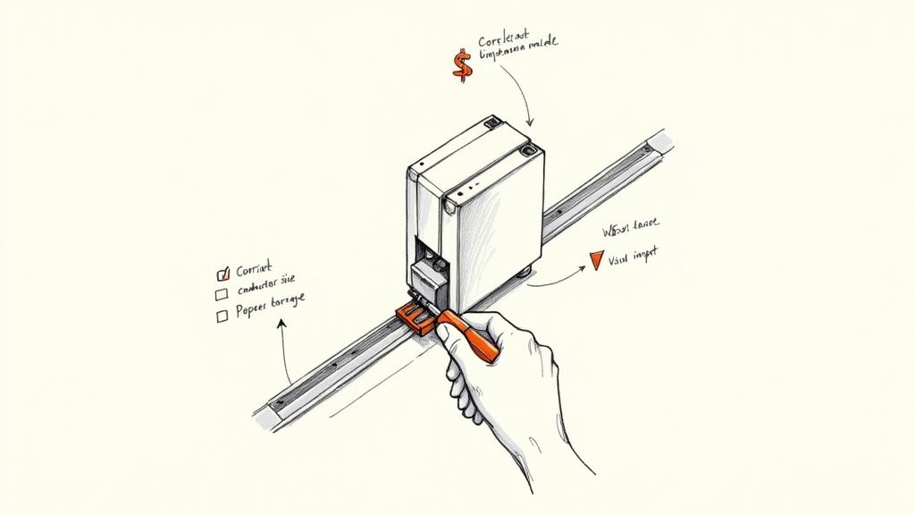 Sketch of a hand using a screwdriver to adjust a miniature circuit breaker on a rail.