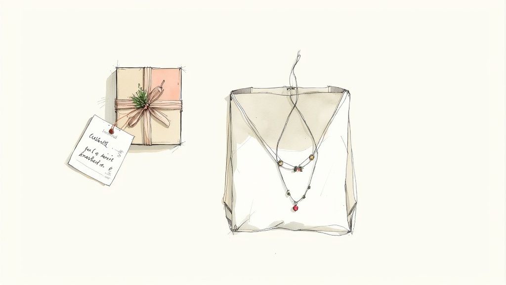 Watercolor illustration of a wrapped gift box with a tag and a necklace displayed in a folded bag.