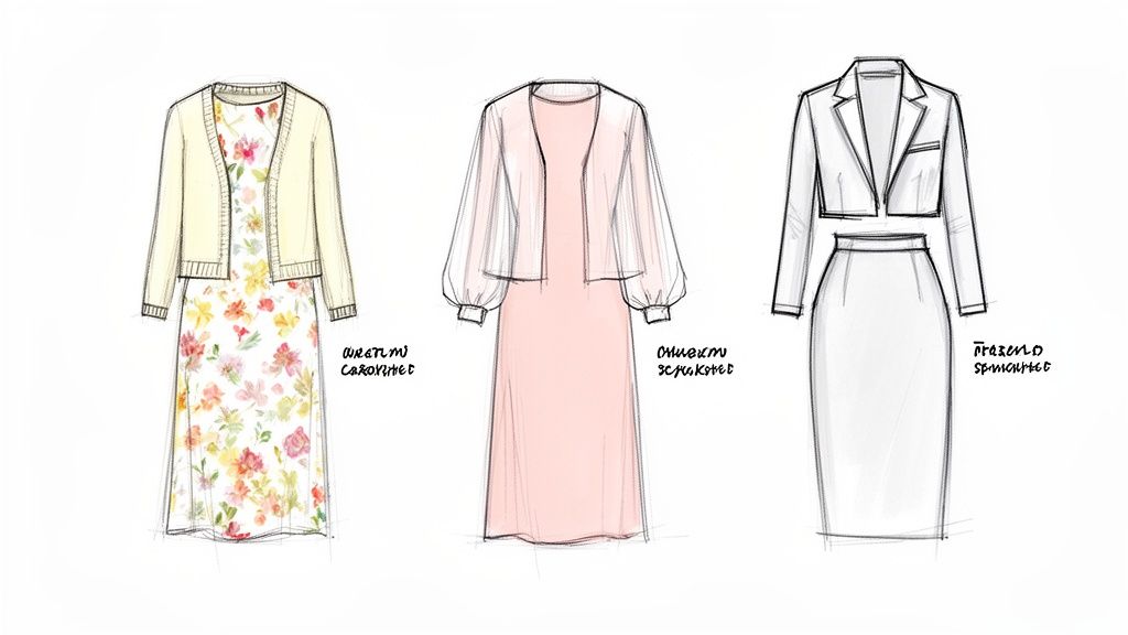 Three fashion sketches showcasing women's spring outfits: floral dress with cardigan, pink dress with sheer shrug, and white skirt suit.