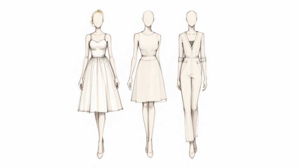 Three elegant fashion sketches of women's semi-formal wedding guest attire, including two dresses and a jumpsuit.