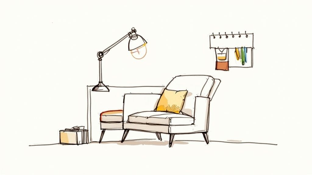 A cozy dorm room with soft lighting, a plush blanket on the bed, and a small plant on a desk.