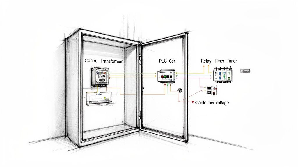 A schematic sketch of an electrical control cabinet containing a transformer and PLC, connected to external relays and timers.