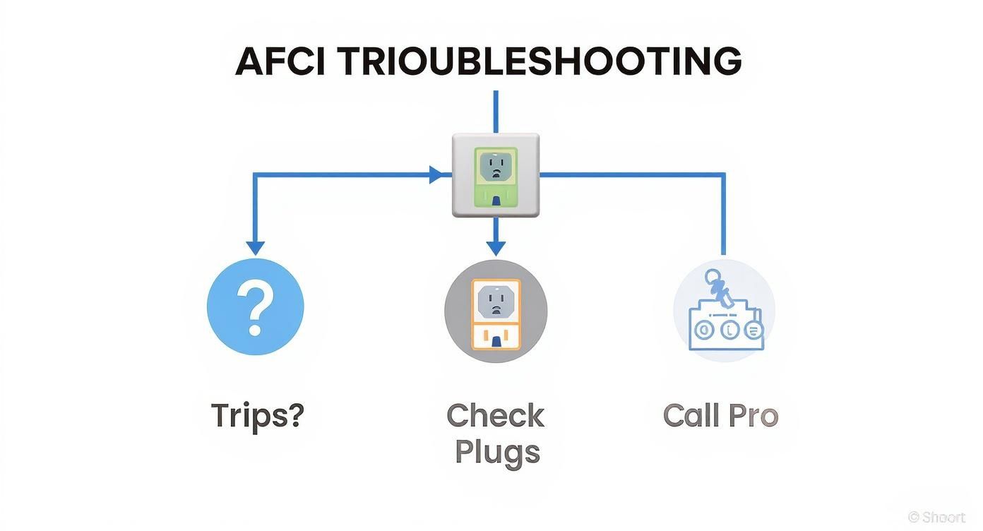 AFCI troubleshooting flowchart showing steps: check if it trips, check plugs, or call a professional.