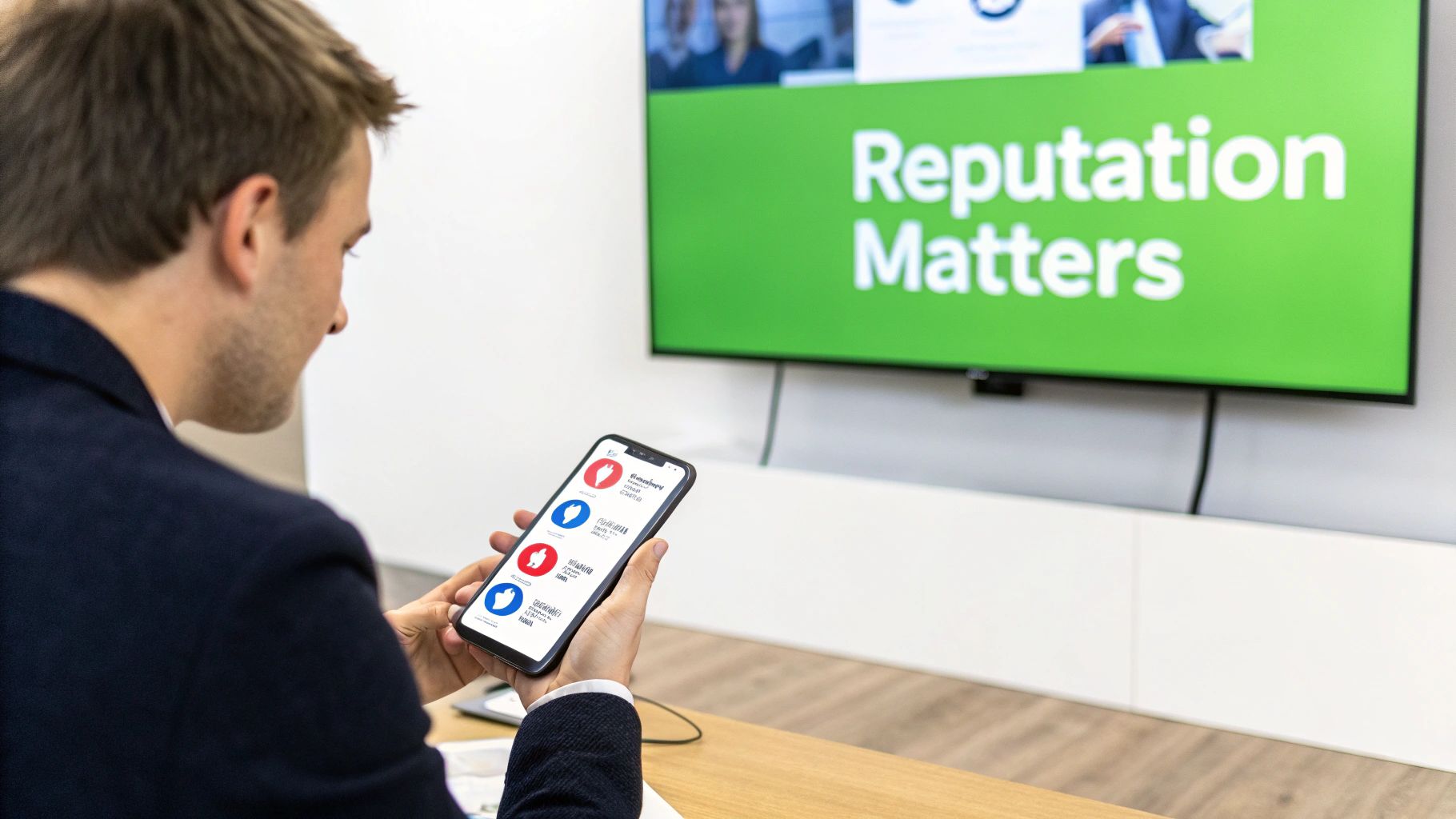 A person holds a smartphone displaying social media icons while looking at a screen saying 'Reputation Matters'.