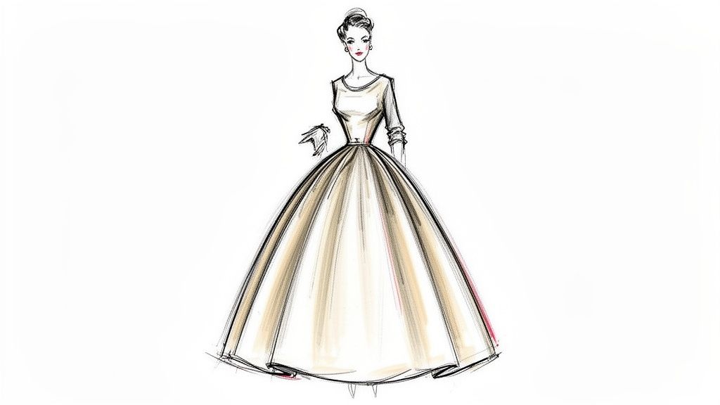 Elegant fashion illustration of a woman in a beige, long-sleeved, full-skirted vintage-style dress.