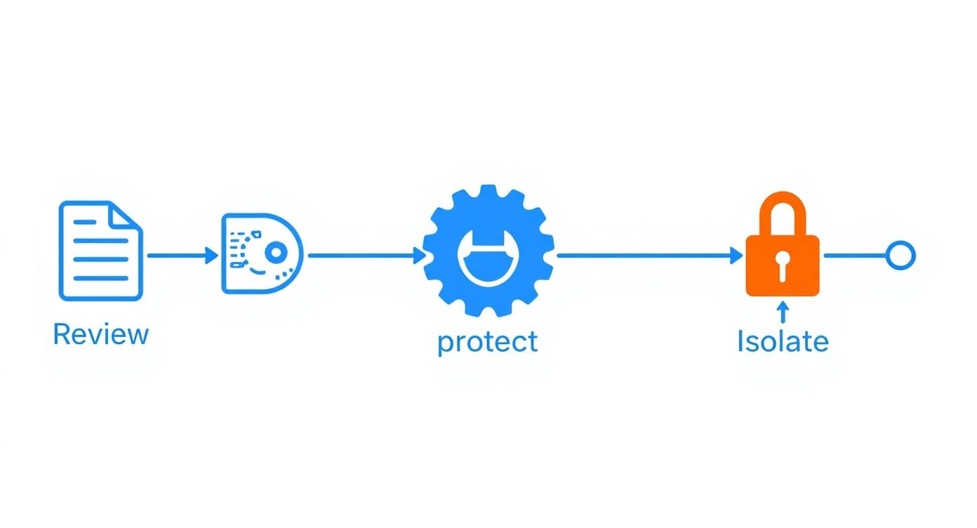 Workflow diagram showing review, protect, and isolate steps with document, gear, and lock icons